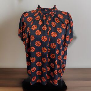 Anthropologie THML Womens Blouse Blue Orange Flowers High Neck Keyhole Medium
